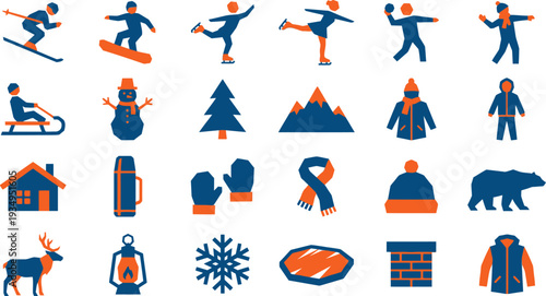 Colorful flat design collection of winter sports, outdoor activities, and cold weather essential items icons.