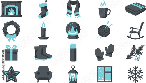 Collection of charming low poly winter holiday icons featuring dark gray and light blue accents.