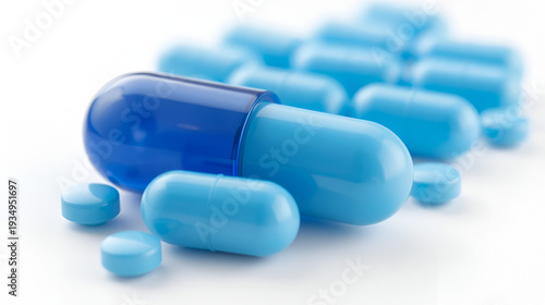 Blue capsule medicine pill production line, Industrial pharmaceutical concept.