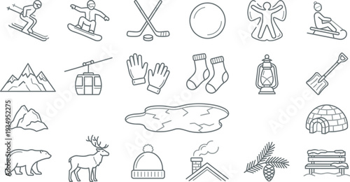 A diverse collection of outline icons representing winter, cold weather, snow sports, and related activities.