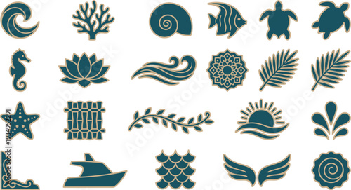 Collection of stylized aquatic and tropical themed vector icons featuring sea life and nature elements.