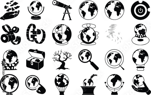 Globe Collection Silhouette Icon Set World Globe Typography Silhouette Icon Pack