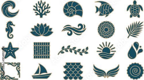 Collection of beautiful teal and gold nautical and nature inspired vector icons set