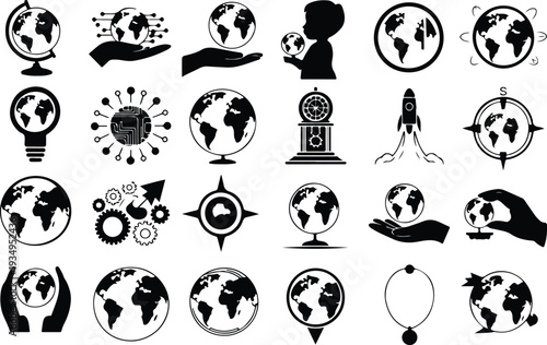 Globe Collection Silhouette Icon Set World Globe Typography Silhouette Icon Pack
