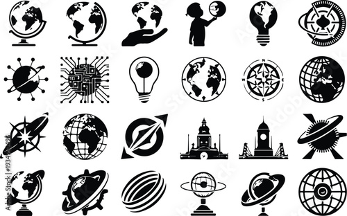 Globe Collection Silhouette Icon Set World Globe Typography Silhouette Icon Pack