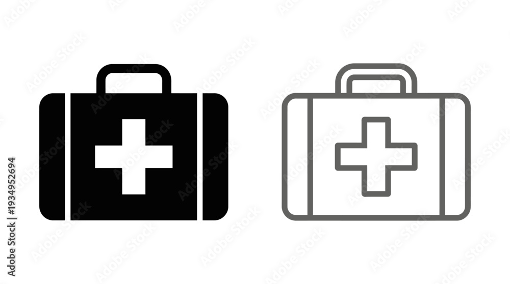 Obraz premium Medical First Aid Kit Vector Icon with Cross Symbol, Healthcare Emergency Supplies Illustration, Black and White Safety Equipment Vector Graphic for Hospital, Clinic, and Wellness Design