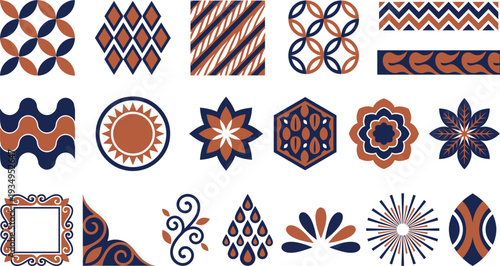 Diverse abstract geometric and organic patterns presented in a striking navy blue and terracotta color palette.