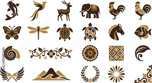 A diverse collection of stylized nature and animal icons in elegant two-tone brown and gold.