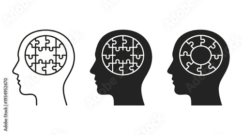 Human Head Puzzle Vector Illustration Symbolizing Cognitive Processes, Psychology, Mental Health, Neuroscience, Problem-Solving, Black and White Brain Activity Vector Graphic for Educational Design
