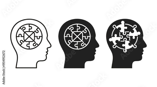 Human Head Puzzle Vector Illustration Symbolizing Cognitive Processes, Psychology, Mental Health, Neuroscience, Problem-Solving, Black and White Brain Activity Vector Graphic for Educational Design