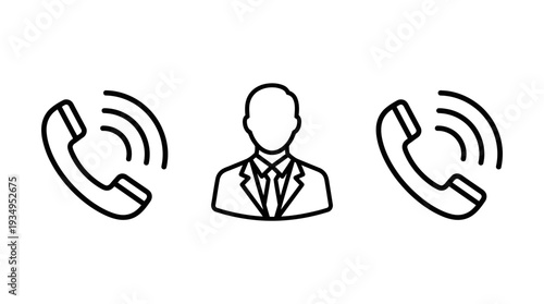 Professional Businessperson Vector Icon with Ringing Telephones Communication Symbol, Black and White Call Center Support Illustration, Customer Service Vector Graphic for Business Marketing Design