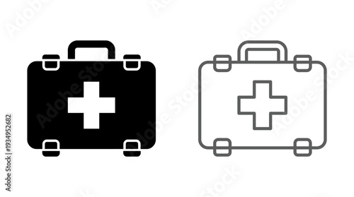 Medical First Aid Kit Vector Icon with Cross Symbol, Healthcare Emergency Supplies Illustration, Black and White Safety Equipment Vector Graphic for Hospital, Clinic, and Wellness Design