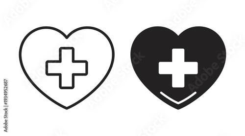 Medical Heart Vector Icon with Cross Symbol, Healthcare Illustration Representing Health Services, Hospital Care, Wellness Support, Black and White Vector Graphic for Medical Design