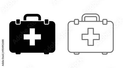Medical First Aid Kit Vector Icon with Cross Symbol, Healthcare Emergency Supplies Illustration, Black and White Safety Equipment Vector Graphic for Hospital, Clinic, and Wellness Design