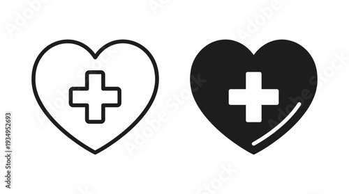 Medical Heart Vector Icon with Cross Symbol, Healthcare Illustration Representing Health Services, Hospital Care, Wellness Support, Black and White Vector Graphic for Medical Design