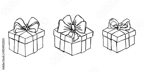 Set of hand drawn present box with ribbons Birthday present clipart Christmas gift Holiday doodle For design, print, web, decor, greeting card, sale