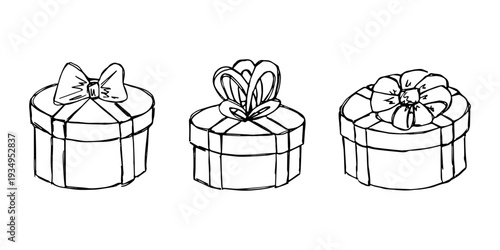 Set of hand drawn present box with ribbons Birthday present clipart Christmas gift Holiday doodle For design, print, web, decor, greeting card, sale