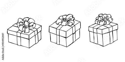 Set of hand drawn present box with ribbons Birthday present clipart Christmas gift Holiday doodle For design, print, web, decor, greeting card, sale