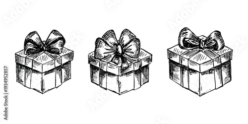 Set of hand drawn present box with ribbons Birthday present clipart Christmas gift Holiday doodle For design, print, web, decor, greeting card, sale