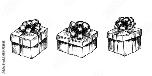 Set of hand drawn present box with ribbons Birthday present clipart Christmas gift Holiday doodle For design, print, web, decor, greeting card, sale