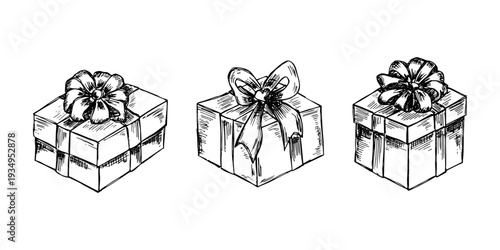Set of hand drawn present box with ribbons Birthday present clipart Christmas gift Holiday doodle For design, print, web, decor, greeting card, sale