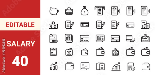 Finance web icons in line style. Budget planning, online payment, banking tools, credit card, wallet, salary income, tax control, money management set.