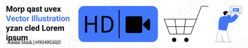 Blue HD video icon, a shopping cart, and a person holding a laptop. Ideal for online retail, digital media, video integration, streaming, e-commerce, user engagement simple landing page