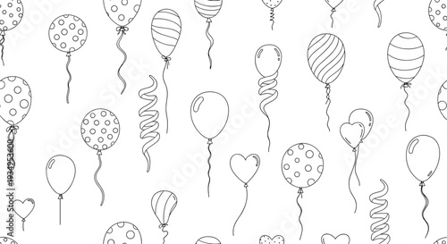 Seamless pattern featuring various hand-drawn line art balloons and festive streamers scattered across a white background.