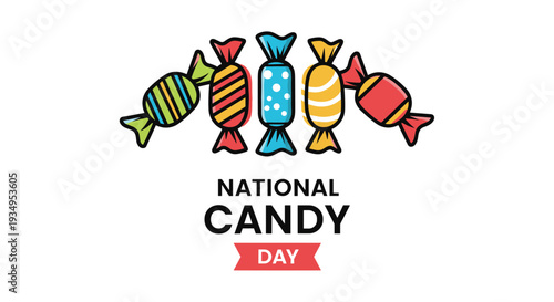 Colorful assortment of wrapped candies in different patterns and shapes celebrating national candy day with bold typography on white.