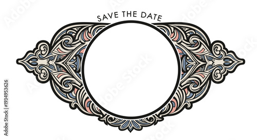 Ornate decorative frame with intricate symmetrical swirls and patterns around a circular blank space for save the date invitations.