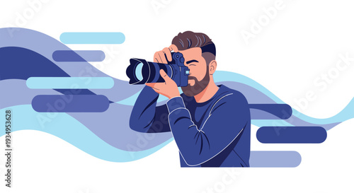 Professional male photographer focusing through his camera lens against a stylized background with wavy blue and purple shapes.