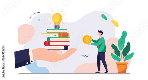 Illustration of a person offering a gold coin in exchange for knowledge represented by a stack of books and a lightbulb.