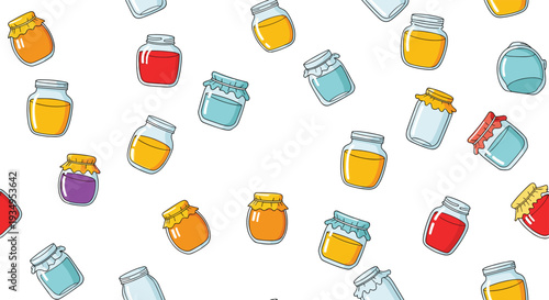 Seamless pattern showing various glass jars filled with colorful jams and honey in a whimsical hand-drawn doodle style on white.