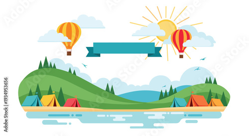 Beautiful mountain landscape with camping tents by a lake and hot air balloons flying in a bright sunny sky with a banner.