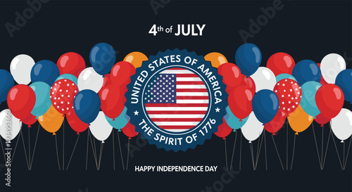 Festive Independence Day banner with a cluster of red, white, and blue balloons surrounding a United States of America circular seal.