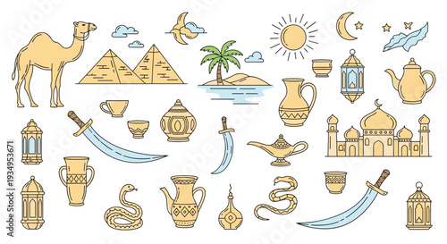 Comprehensive collection of Middle Eastern and Egyptian themed line art icons including pyramids, camels, mosques, and traditional items.