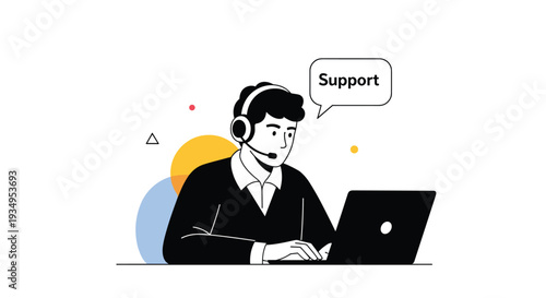 Customer support representative wearing a headset and working on a laptop with a speech bubble indicating helpful technical assistance.