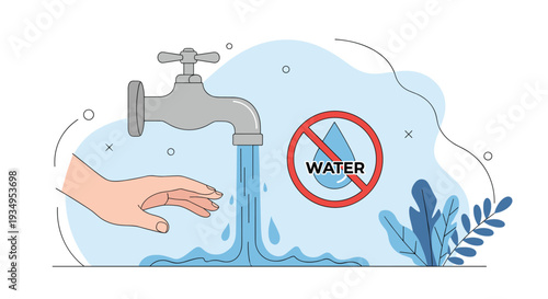 Illustration showing a hand near a leaking faucet with a prohibited water drop sign emphasizing the importance of water conservation.