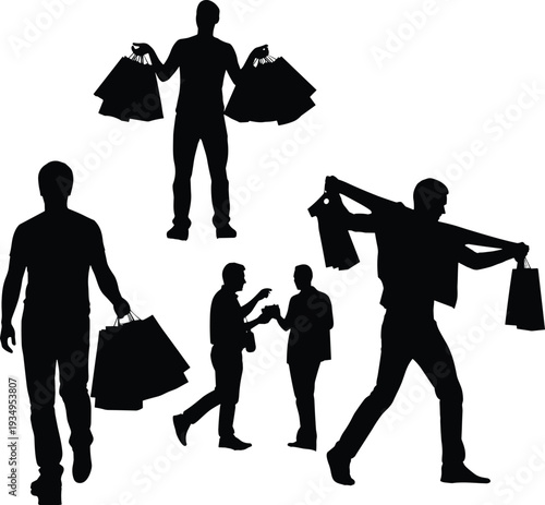 Black silhouettes of men carrying shopping bags and packages isolated on white background, vector set for retail and consumerism concepts.