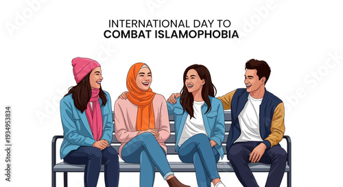 Diverse group of young adults sitting on a bench, promoting interfaith harmony and anti-Islamophobia awareness on International Day to Combat Islamophobia with a message of global