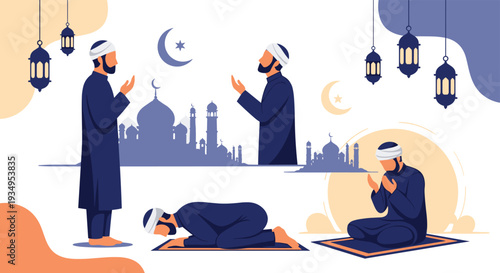 Set of various Islamic prayer poses and religious activities including prostrating and sitting in front of a mosque background.