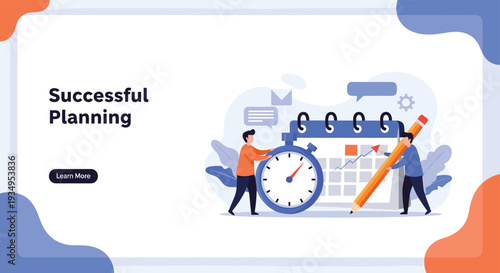 Business planning landing page concept showing characters managing a calendar and a large stopwatch to meet important deadlines.