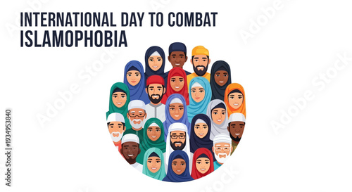 Illustration of diverse people wearing headscarves and various attire for International Day to Combat Islamophobia, promoting unity and religious tolerance against a white background with a