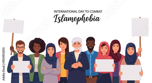 Diverse group of people holding signs on International Day to Combat Islamophobia, promoting Anti-Islamophobia Awareness and Religious Tolerance with a bold and united stance.
