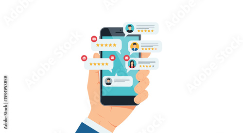 Mobile phone held by a hand showing multiple user reviews with five-star ratings and profile pictures for app feedback concepts.