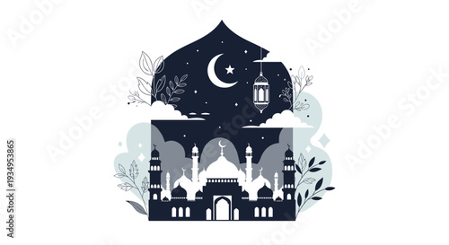 Silhouette of a grand mosque and minarets seen through an arched window under a starry night sky with a crescent moon.