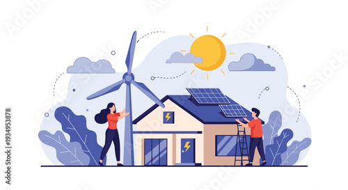 Modern eco-friendly house powered by renewable energy sources including solar panels on the roof and a large wind turbine nearby.