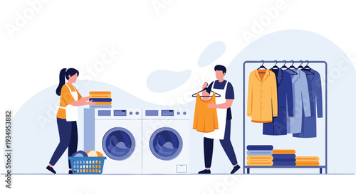 People working in a laundry service room with washing machines, baskets of clothes, and garments hanging on a rack for cleaning.