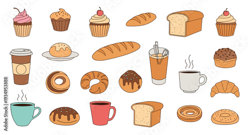 Assortment of bakery products and breakfast items including different breads, cupcakes, donuts, and cups of coffee or tea.