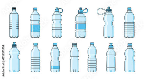 Set of plastic water bottle icons in various shapes and sizes for sports, gym, and everyday hydration in a clean blue style.